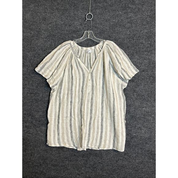 Heroes And Dreamers Womens Popover Blouse Sz 1X Linen Blend Striped Neutral Boho - Picture 1 of 6